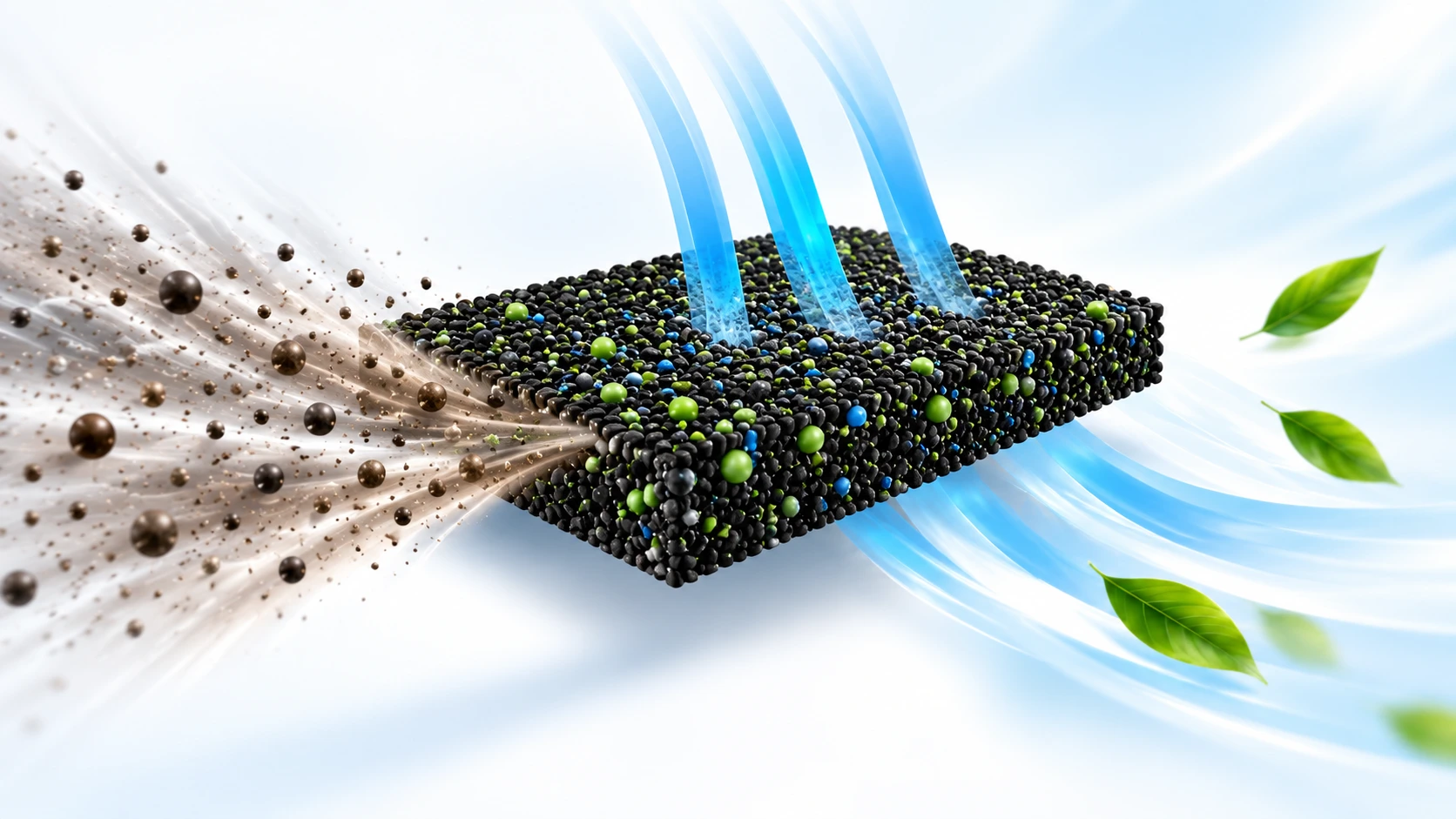 Conceptual illustration of OliQuell-infused activated-carbon air-filter media